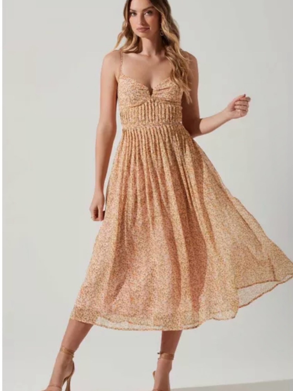 Astr Peach Floral Pleated Midi Dress Small
